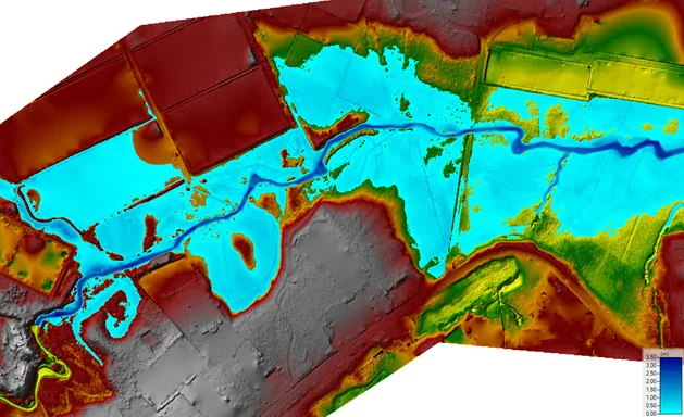 Resultado de una modelación hidrodinámica con manchas de inundación